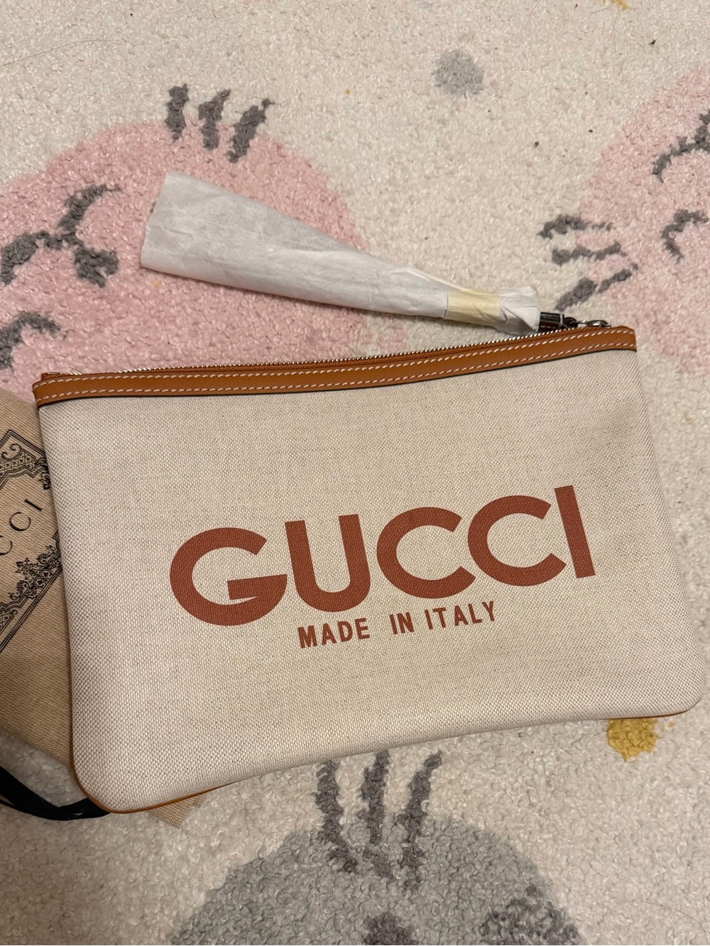 NWOT Gucci Ivory Canvas Logo Pouch with Brown Trim